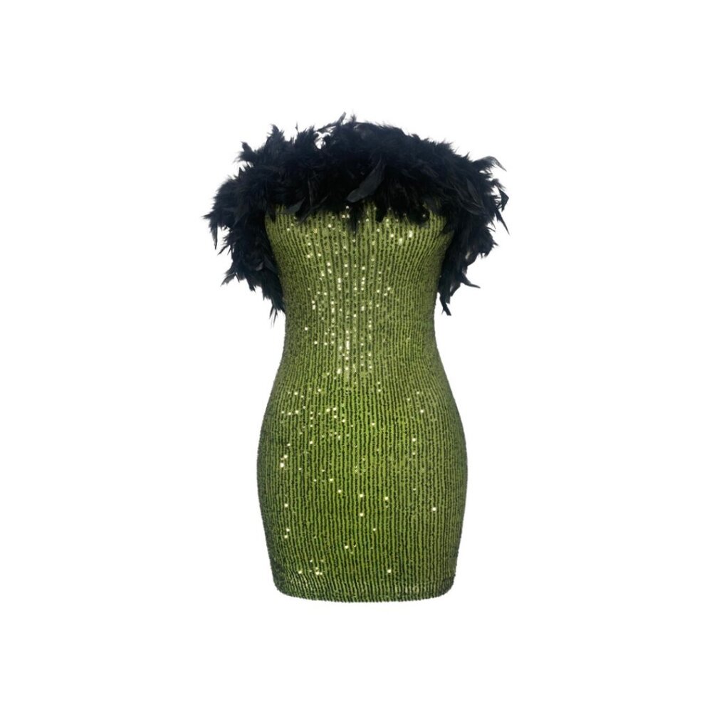 NWT Monaco Olive Green Sequin Feather Strapless Bodycon Mini Dress Party